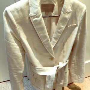 Ivory Linen Fitted Blazer with Tie Belt